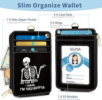 Lanyard Wallet with Id Badge Holder, Skeleton RFID Small Keychain Wallet Women Wristlet, Funny Zipper Credit Card Holder Phone Wrist Neck Strap for Key Name Tag, Teacher Student Office Gifts