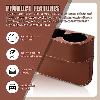 Car Cup Holder, PU Leather Auto Front Seat Organizer, Multifunctional Cup Drink Holders, Gap Filler Storage Box Coin Bucket Console Side Pocket Cell Mobile Phone Holder (Brown)