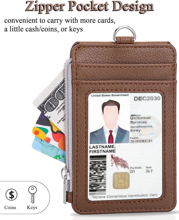 Teskyer Badge Holder with Side Zip Pocket, Multiple Card Slots Leather ID Holder Wallet with Neck Lanyard for Office Staffs, Teachers/Students, Workers, Cruise Cards, Bus/Metro Cards, Lichee Coffee