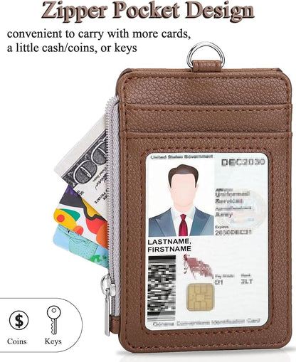 Teskyer Badge Holder with Side Zip Pocket, Multiple Card Slots Leather ID Holder Wallet with Neck Lanyard for Office Staffs, Teachers/Students, Workers, Cruise Cards, Bus/Metro Cards, Lichee Coffee