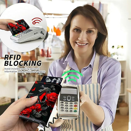 Minimalist Wallet for Men's Card Holders, Pop-Up Card Case Durable Wallets for Women, Leather Automatic Credit Card Holder with Metal Money Clip RFID Blocking Bifold Pocket, Red Rose Butterfly