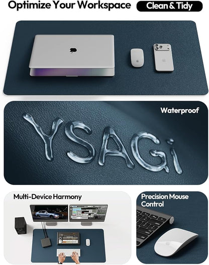 YSAGi Leather Desk Protector, Office Mat, Large Mouse Mat, Non-Slip PU Leather Blotter, Laptop Desk Mat, Waterproof Writing Pad for Office and Home (Dark Blue, 23.6" x 13.8")