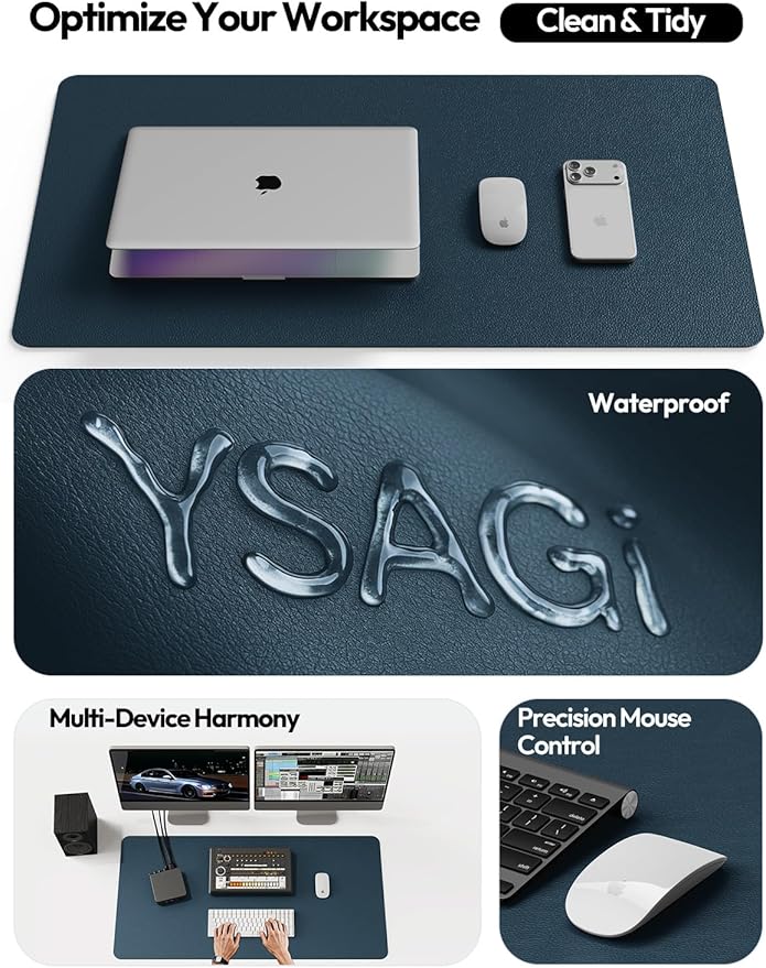 YSAGi Leather Desk Pad Protector, Office Desk Mat, Large Mouse Pad, Non-Slip PU Leather Desk Blotter, Laptop Desk Pad, Waterproof Desk Writing Pad for Office and Home (Dark Blue, 47" x 17")