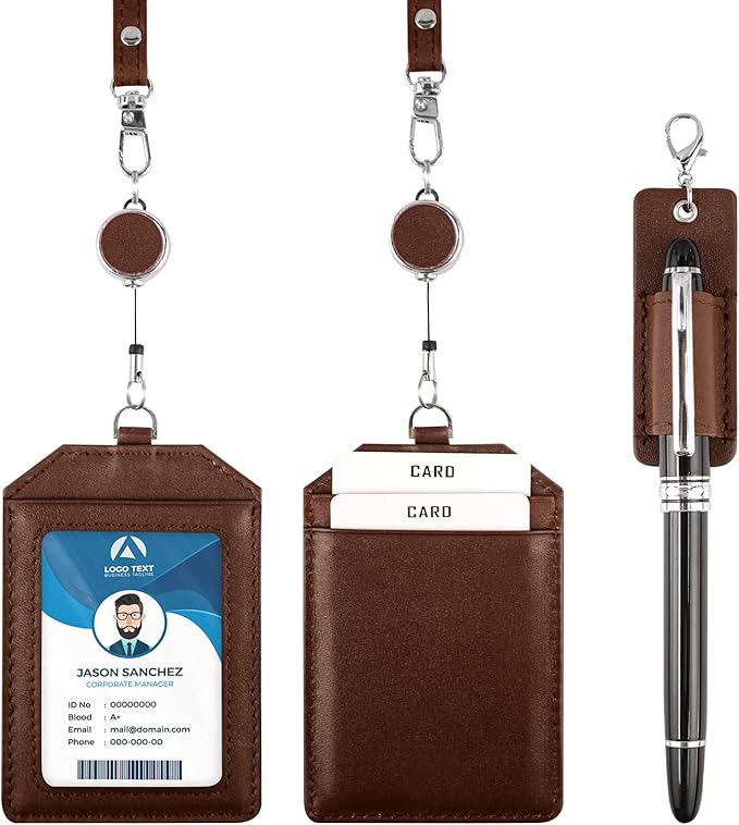 Office Badge Holder - Boshiho Genuine Leather Credit ID Card Holder with Stretch Neck Lanyard Vertical Style (Brown)