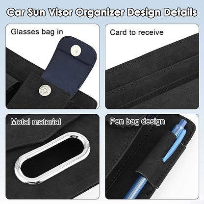 Multi-Pocket Car Visor Organizer with Zippered Compartments - 6-Pocket Sun Visor Storage Pouch for Sunglasses, Phone, Keys, Cards - Universal Fit for Cars, Trucks, SUVs (Beige)