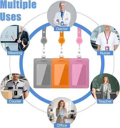 24 Pcs ID Badge Holder with Retractable Lanyard, Leather Vertical Id Card Holder with Badge Reel Neck Lanyard, Colorful Heavy Duty Retractable Lanyards with ID Holder for Work Cards Office