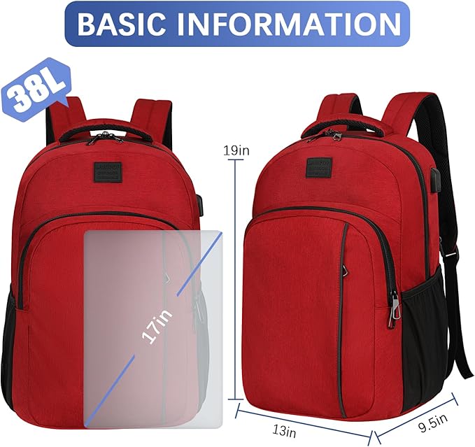 LARIPOP Carry On Backpack for Airplane, 17.3 Inch Laptop Backpack with USB Charging Port, Water Resistant Business Travel Backpack, Lightweight College School Bookbag Anti Theft for Men Women, Red