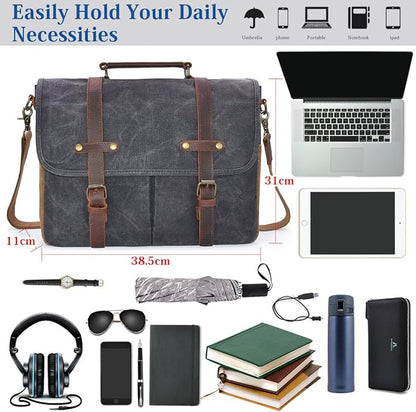 Mens Messenger Bag 15.6 Inch Waterproof Vintage Genuine Leather Waxed Canvas Briefcase Large Satchel Shoulder Bag Rugged Leather Computer Laptop Bag, Grey
