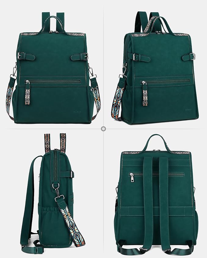 FADEON Leather Laptop Backpack for Women, Designer Ladies Work Travel Computer Backpack with Laptop Compartment Suede Green