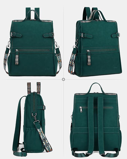 FADEON Leather Laptop Backpack for Women, Designer Ladies Work Travel Computer Backpack with Laptop Compartment Suede Green