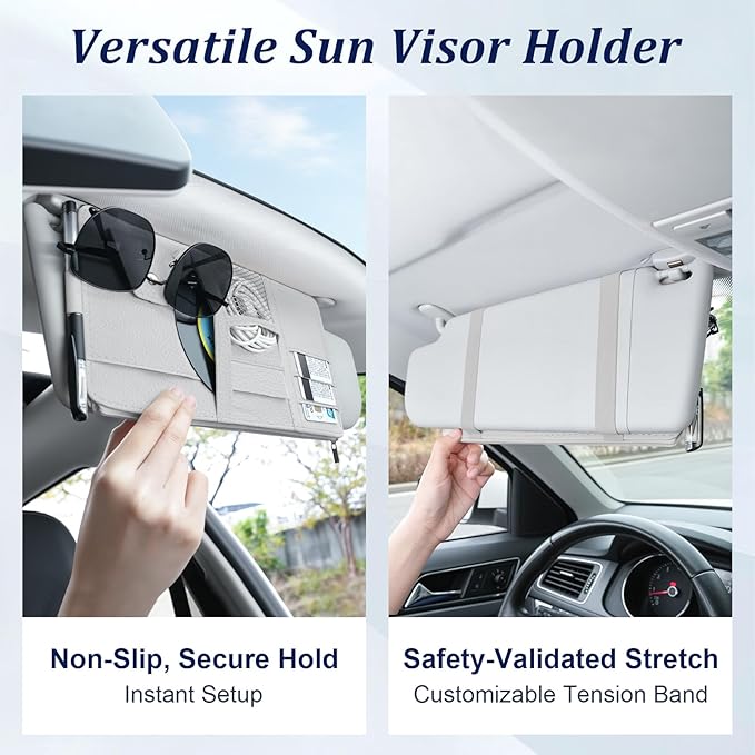 Amiss Car Sun Visor Organizer with Double Zippers, Multi-Pockets for Glasses, Pens, Cards & Documents, Universal Storage Pouch Fits Most Cars, SUVs and Trucks, Car Interior Accessories (Gray)