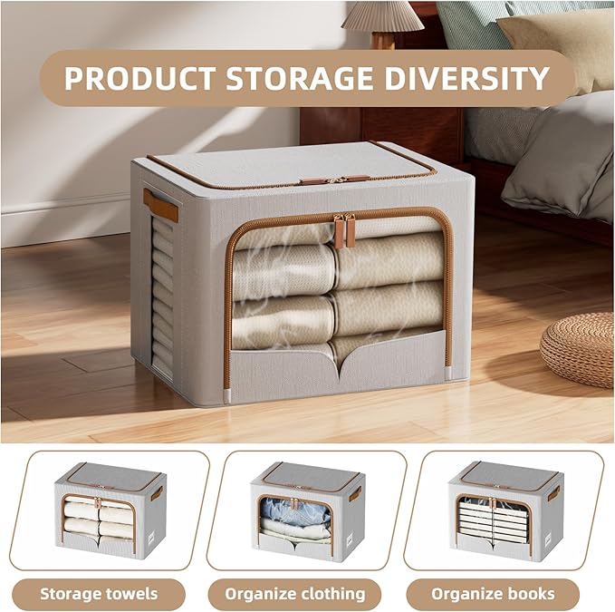 FHSQX 6 Pack Clothes Storage Bins - Foldable Storage Bins for Clothes Fabric Storage Box with Metal Frame (Light Grey, 19.7x15.7x13.8 inch)
