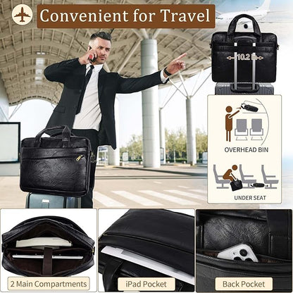 Faux Leather Messenger Bag for Men 17-17.3 Inch: Laptop Bag Briefcase Computer Handbags Shoulder Crossbody Bag with Padded Laptop Sleeve for Work College Travel, PU Black