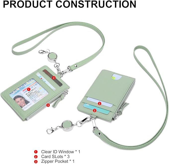 SENDEFN Retractable Badge Holder Wallet, Genuine Leather ID Card Holder with Removable Neck Lanyard Clasp, Five Card Slots, for Office Staff Women