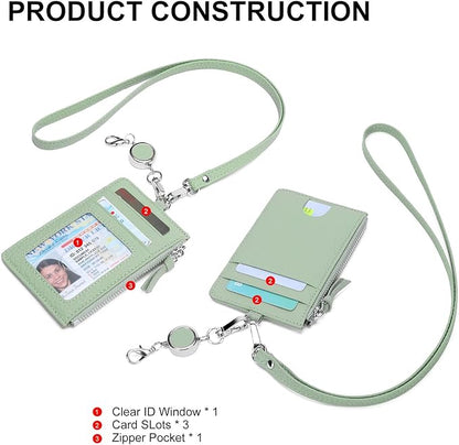 SENDEFN Retractable Badge Holder Wallet, Genuine Leather ID Card Holder with Removable Neck Lanyard Clasp, Five Card Slots, for Office Staff Women