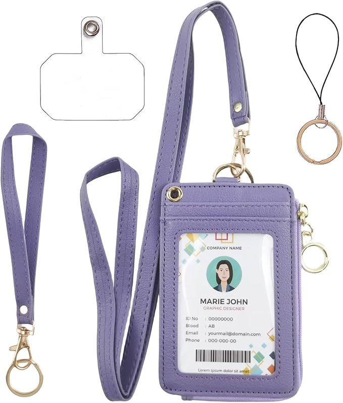 bolimoss Purple Badge Holder with Zipper Lanyard, PU Leather ID Badge Card Holder Wallet with 4 Card Slots, 1 Clear ID Window,1 Case Slot, Detachable Wrist & Long Neck Lanyard,Keychain,Phone Holder