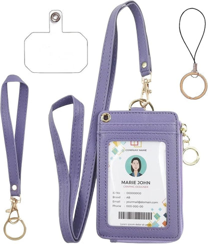 bolimoss Purple Badge Holder with Zipper Lanyard, PU Leather ID Badge Card Holder Wallet with 4 Card Slots, 1 Clear ID Window,1 Case Slot, Detachable Wrist & Long Neck Lanyard,Keychain,Phone Holder