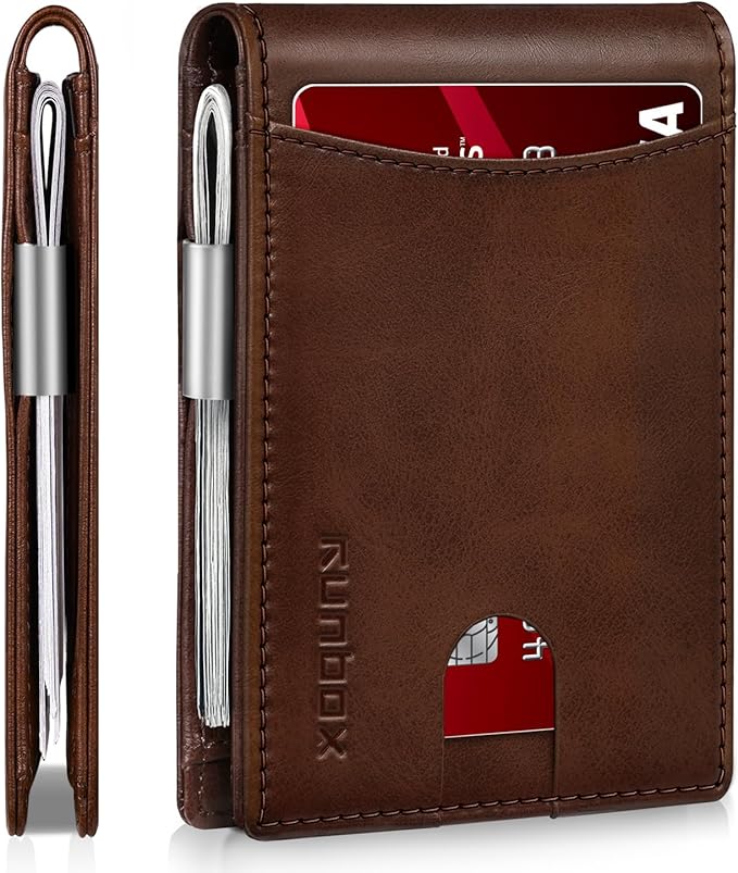 RUNBOX Slim Money Clip Wallets for Men RFID Blocking 11 Card Holder Minimalist Small Leather Bifold Men's Front Pocket Wallet Gift Box