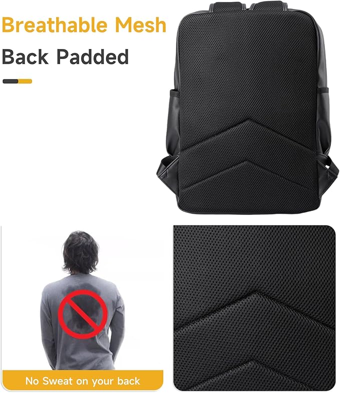 MOYYI Leather Laptop Backpack for Men Black Fit 15.6inch Laptop Backpack Simplify Rucksack Waterproof for Work Commute Casual Daypack