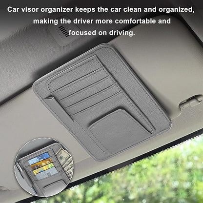 Dickno 2PCS Small Leather Car Sun Visor Organizer, Multifunctional Auto Visor Document Holder with Sunglasses Clip, Universal Car Interior Organizer for Drving License, Card, Pen (Gray)