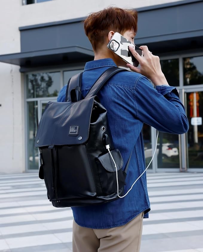 Soft leather backpack, casual PU backpack men women. USB charging port. Suitable for work, commuting, traveling, etc. Waterproof. (Black)