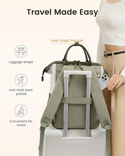 LOVEVOOK Laptop Backpack for Women with Giant Tumbler Holder,15.6 inch Professional Nurse Teacher Backpack Computer Laptop Bag,Cute Waterproof Travel Backpack Purse Work College Bag, Beige-Khaki