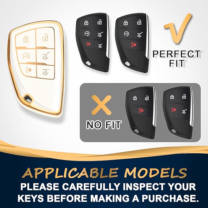 QBUC for Chevy Key Fob Cover with Keychain Soft TPU Protection Case Compatible with 2021-2026 Chevy Tahoe Suburban GMC Yukon Denali Silverado 6-Buttons(Gold Trim Ivory)