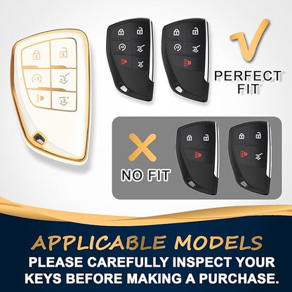 QBUC for Chevy Key Fob Cover with Keychain Soft TPU Protection Case Compatible with 2021-2026 Chevy Tahoe Suburban GMC Yukon Denali Silverado 6-Buttons(Gold Trim Ivory)