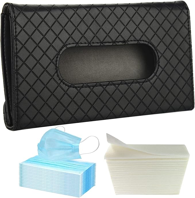 Car Tissue Refill Holder, Tissue Holder for Car, Black PU Leather Car Sun Visor Tissue Paper Storage Box Holder Cases, Hanging Tissue Clip, Car Napkin Holder