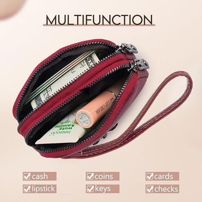 imeetu Women Leather Coin Purse, Small 2 Zippered Change Pouch Wallet
