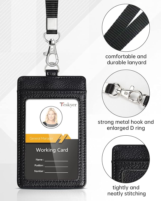 Teskyer Badge Holder with Lanyard, Leather ID Name Badge Card Holder with Lanyard for ID Badges, Vertical, Lychee Pattern Black