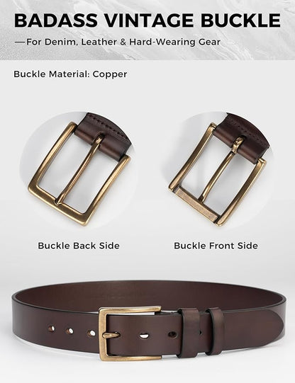 Mens Heavy Duty Full Grain Leather Belt - 1 1/2 Italian Genuine Leather with Sturdy Buckle for Jeans Casual Pants