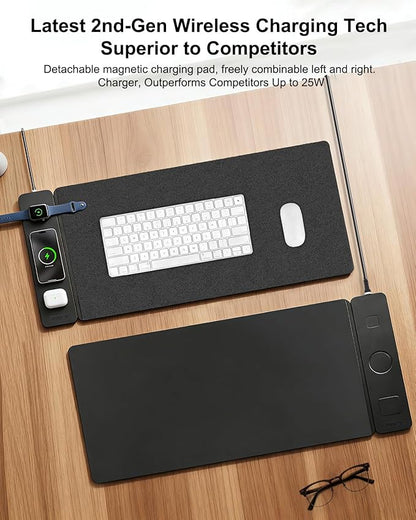 2nd Gen 25W 3-in-1 Wireless Fast Charging Mouse Pad, 35.43"×15.75" Large Waterproof Desk Mat, Magnetic Detachable Panel, Jacquard Fabric Rubber Base, for Office & Gaming