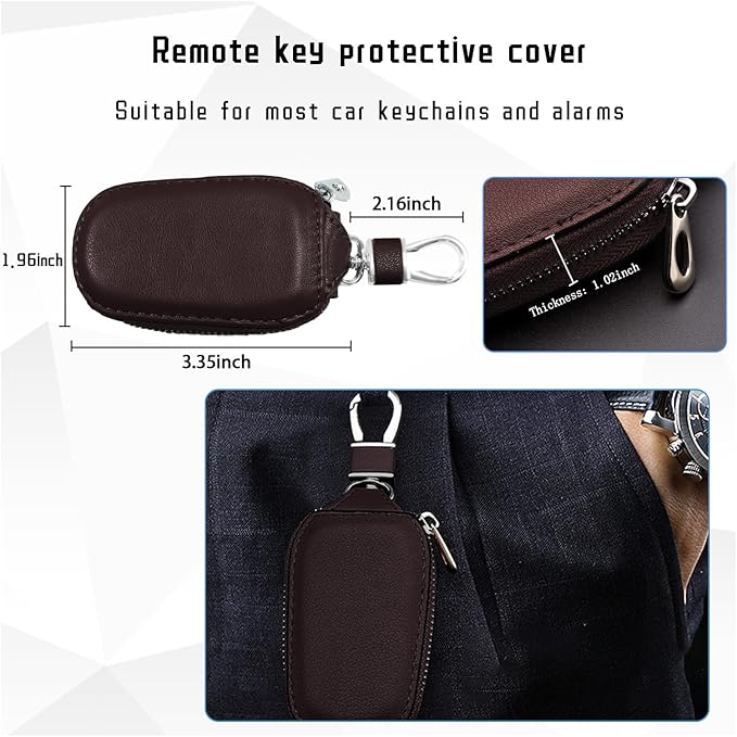 Car Key Case, Genuine Leather Auto Key Fob Cover Case, Key Fob Protector with Metal Hook, Car Smart Keychain Holder (Coffee)
