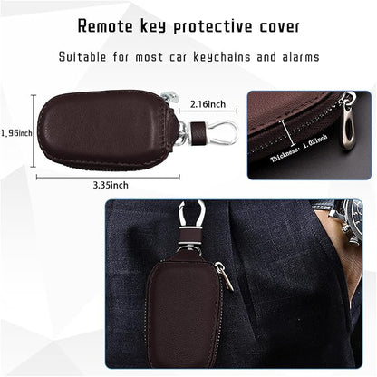 Car Key Case, Genuine Leather Auto Key Fob Cover Case, Key Fob Protector with Metal Hook, Car Smart Keychain Holder (Coffee)
