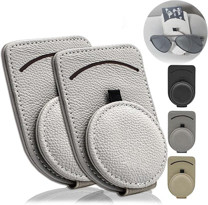 Sunglass Holder for Car Visor, Magnet Adsorbed Sunglasses Holder for Car Accessories Parts, Leather Car Sunglass Holder, Car Visor Sunglasses Clip for Glasses Cards (2PCS, Gray)