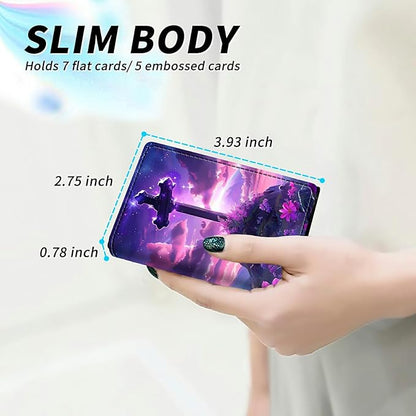 Flower Purple Minimalist Wallet for Men, Pop Up Card Case Wallet for Women, PU Leather Automatic Credit Card Holder Metal Money Clip Wallet RFID Blocking Bifold Pocket Wallet