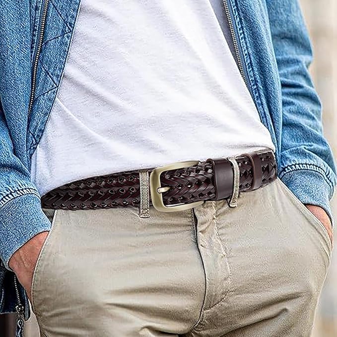 SENDEFN Leather Braided Belts for Men, 1 3/8" Casual Woven Leather Belt for Men Jeans Golf Dress Pants with Gift Box