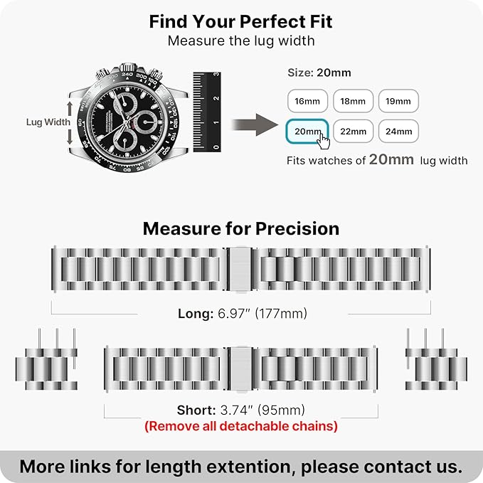 Fullmosa Stainless Steel Watch Band 16mm 18mm 19mm 20mm 22mm 24mm, Quick Release Metal Replacement Strap with Removable Links, Includes Spring Bars & Link Removal Tool for Men Women (20mm, Silver)
