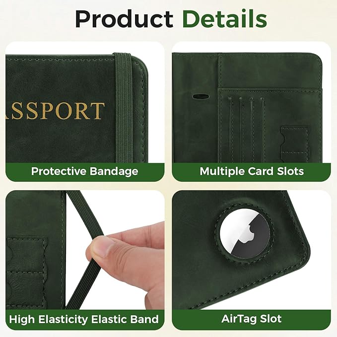 Passport Holder for Travel Women Men - Passport Cover Wallet with Airtag Slot - RFID Blocking PU Leather Passport Holder Case with Card Holder, Pen Slot - Green