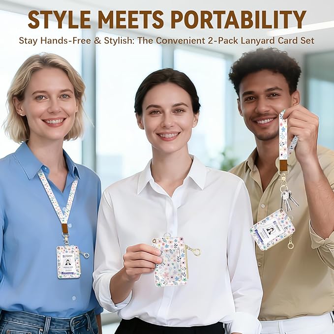 Flower Leather Badge Holder with Zipper Pocket, Beautiful Work Lanyards and 1 Zip Pocket, 4 Card Slots, Breakaway Lanyards with Metal Clasp for Offices, Staff, Adult, Employees