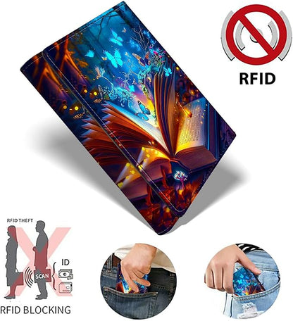 Minimalist Wallet for Men's Card Holders, Pop-Up Card Case Wallets for Women, Leather Automatic Credit Card Holder with Metal Money Clip RFID Blocking Bifold Pocket, Book Blue Butterfly