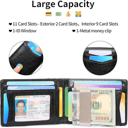 Slim Wallet for Men Bifold RFID Blocking Front Pockets Wallet Credit Card Holder Minimalist Leather Money Clip Mens Wallet with 12 card Slots