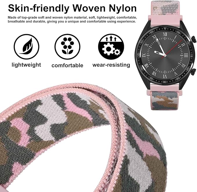 WOCCI 16mm Adjustable Nylon Watch Band, Quick Release Sport Loop Strap (Pink Camo)