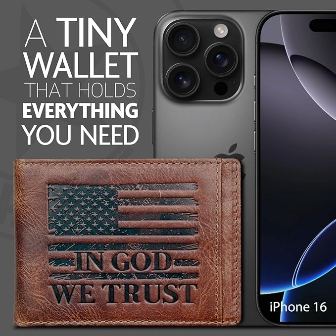 MID WEST RANGE Bifold Money Clip Wallet for Men – Slim Front Pocket Leather Wallet with Metal Clip, Patriotic USA Flag Design, IN GOD WE TRUST, Compact Everyday Carry