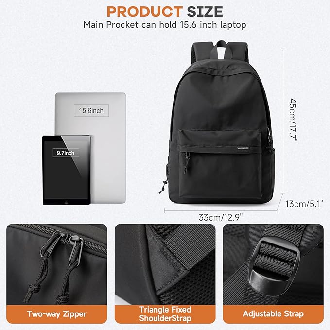 Black Backpack Lightweight Water-resistant Simple Casual Daypack Gym Backpack