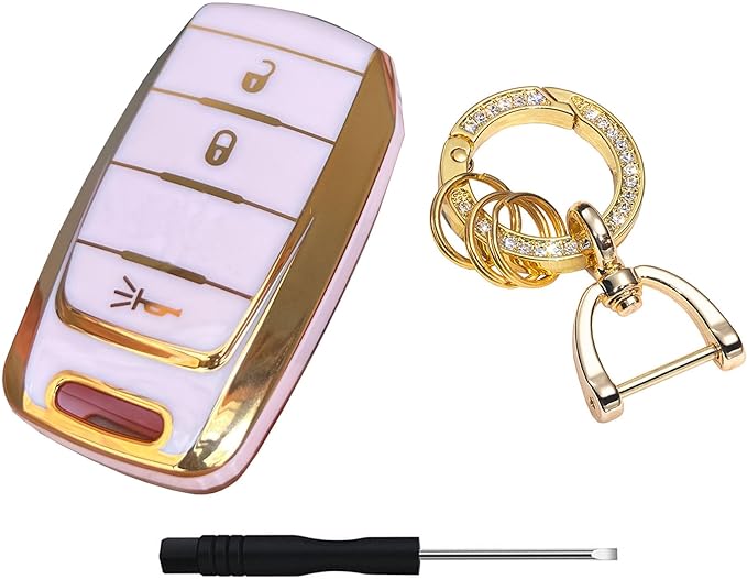 Key Protective Shell for RAM Key Fob Cover with Keychain Fit for RAM 1500 2500 3500 Smart Key Case Accessories (3-Button-Pink-Gold)