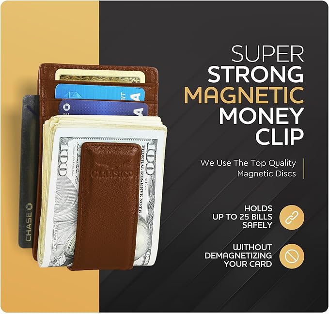 Claasico Men’s Leather Money Clip Wallet – Slim Front Pocket Wallet w/Super Strong Magnetic Clip, RFID Blocking, 5 Card Slots & Center Pocket + ID Window