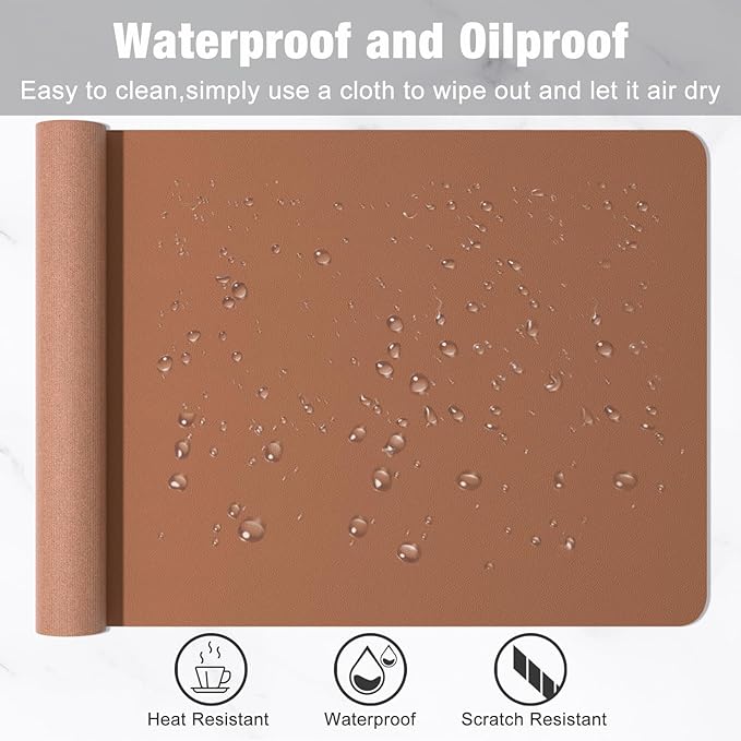 Hsurbtra Desk Pad, 35.5" x 17" PU Leather Desk Mat, XXL Extended Mouse Pad, Waterproof Desktop Blotter Protector, Non-Slip Ultra Thin Large Laptop Keyboard Writing Mat for Office Home, Dark Apricot