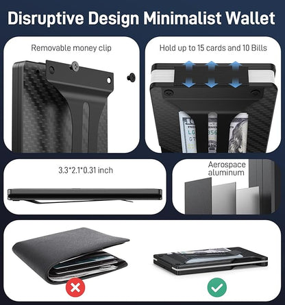 Wallet for Men, Slim Minimalist Wallet Card Holder with Location Tracking, Build in Airtag Chip Compatible with Apple Find My, RFID-Blocking Smart Air Wallet with Money Clip (Black Carbon Fiber)
